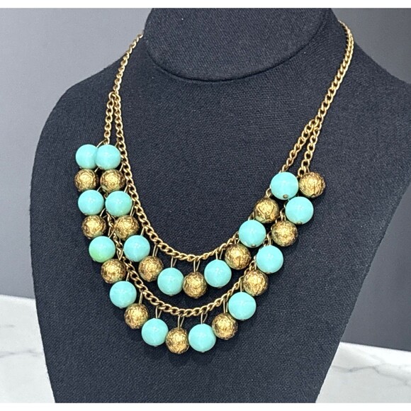 Vintage Gold Tone Necklace Blue Bead Dangle Statement Chunky Bib Multistrand 16" - Picture 2 of 9